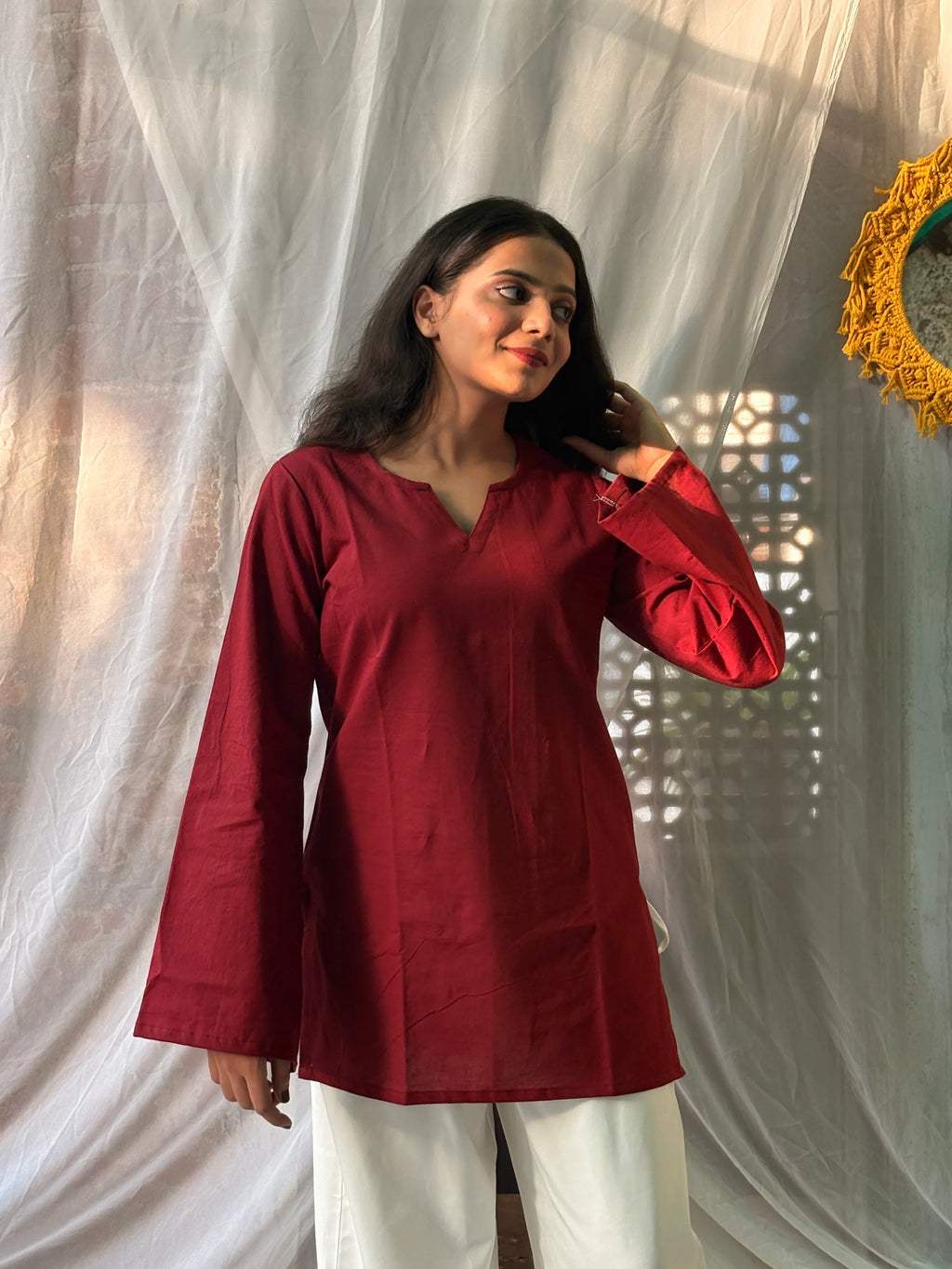 Women's Maroon Cotton Kurti | Solid Straight Fit Casual Top | Full Bell Sleeves | V-Notch Neck | Yousafzai