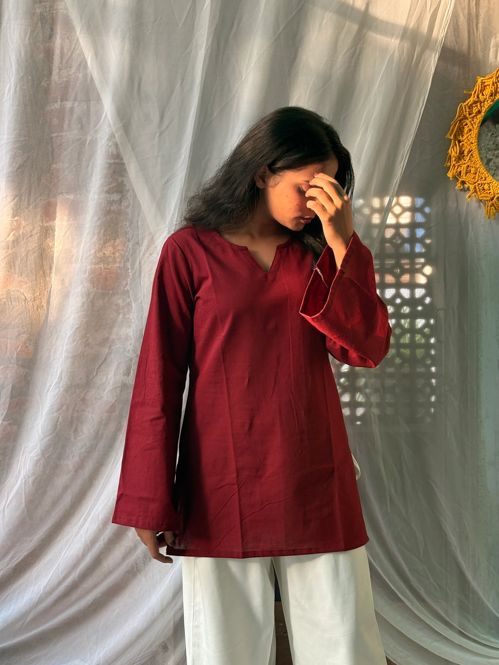 Women's Maroon Cotton Kurti | Solid Straight Fit Casual Top | Full Bell Sleeves | V-Notch Neck | Yousafzai