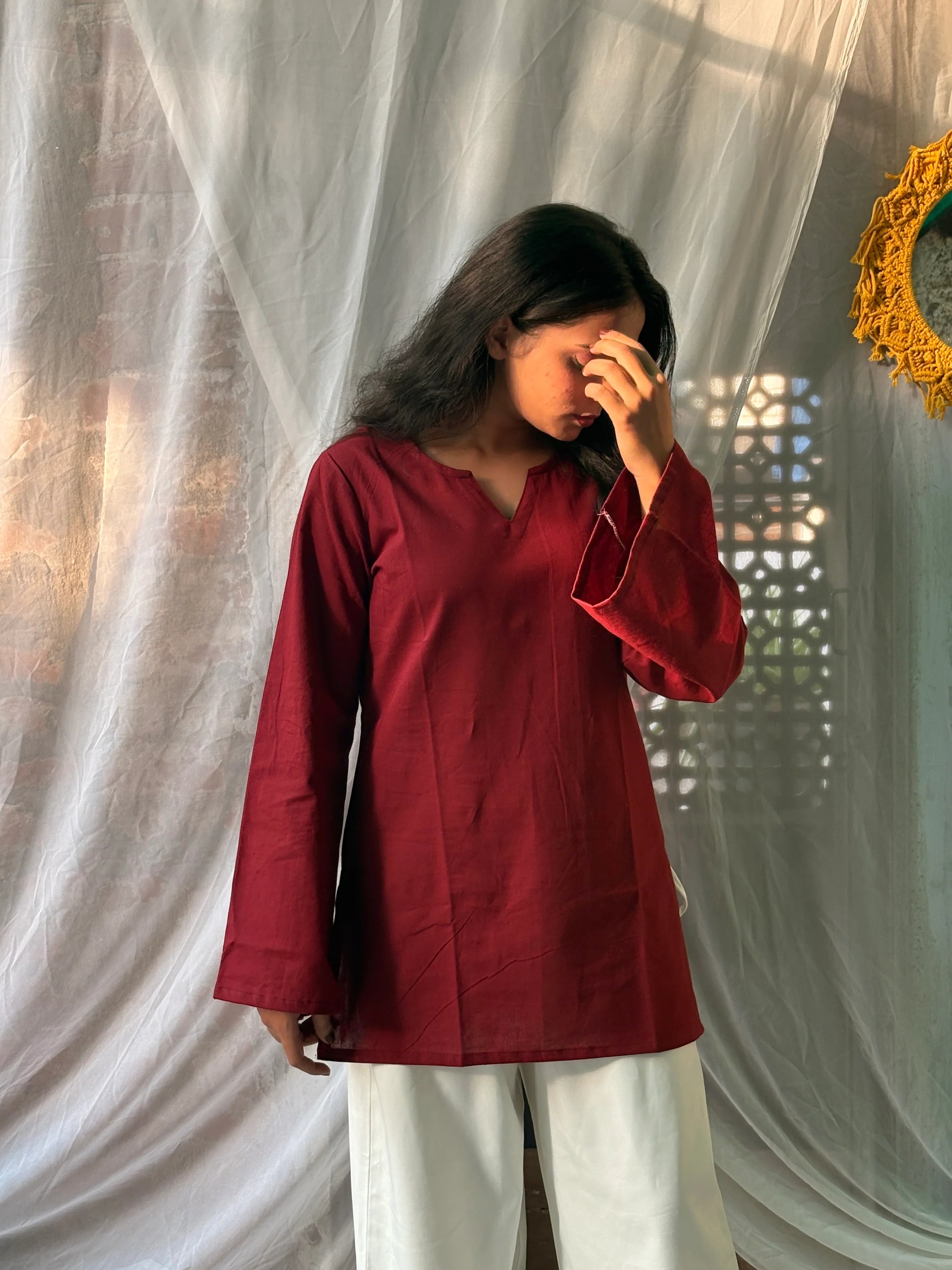 Women's Maroon Cotton Kurti | Solid Straight Fit Casual Top | Full Bell Sleeves | V-Notch Neck | Yousafzai