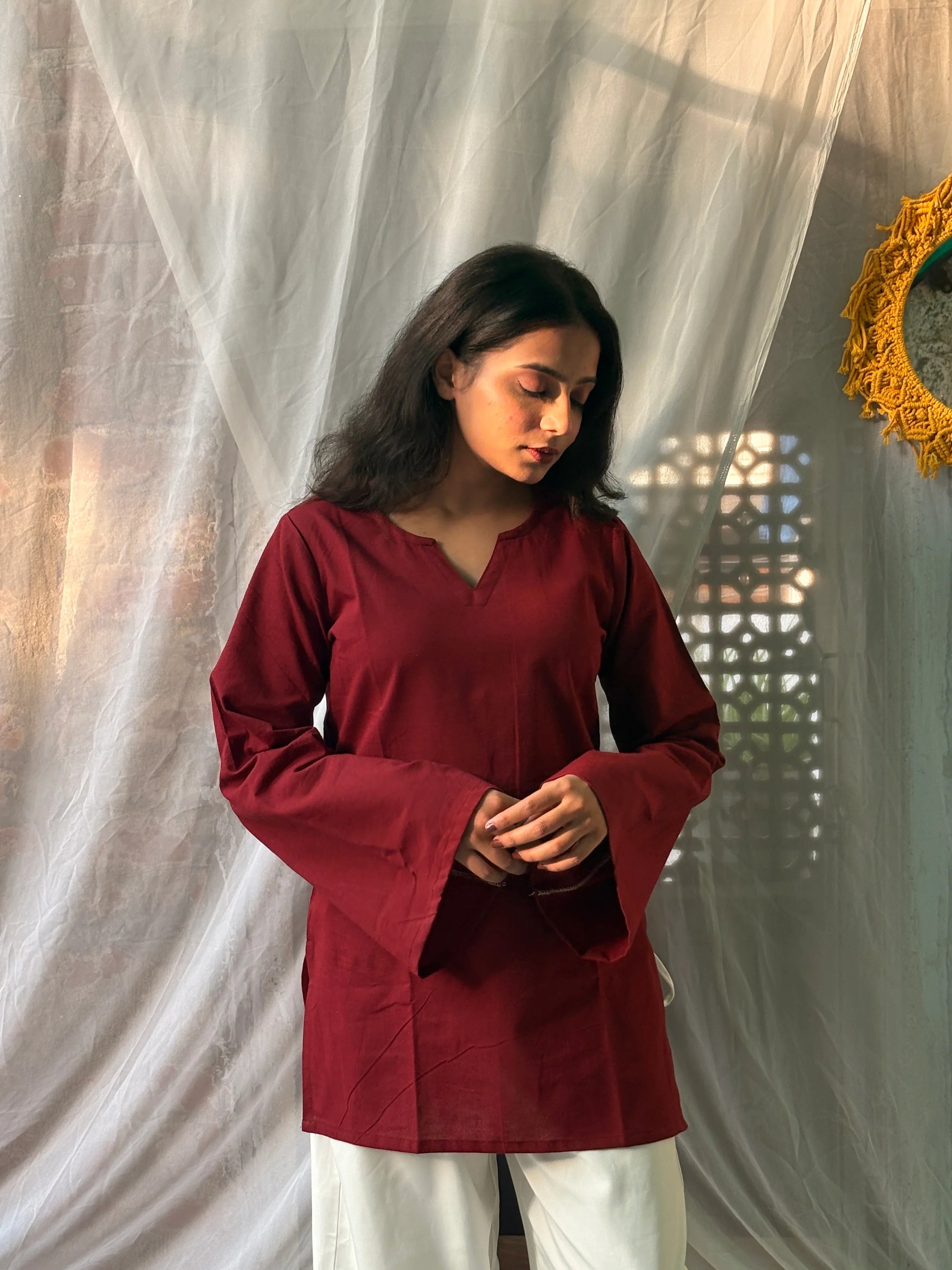 Women's Maroon Cotton Kurti | Solid Straight Fit Casual Top | Full Bell Sleeves | V-Notch Neck | Yousafzai