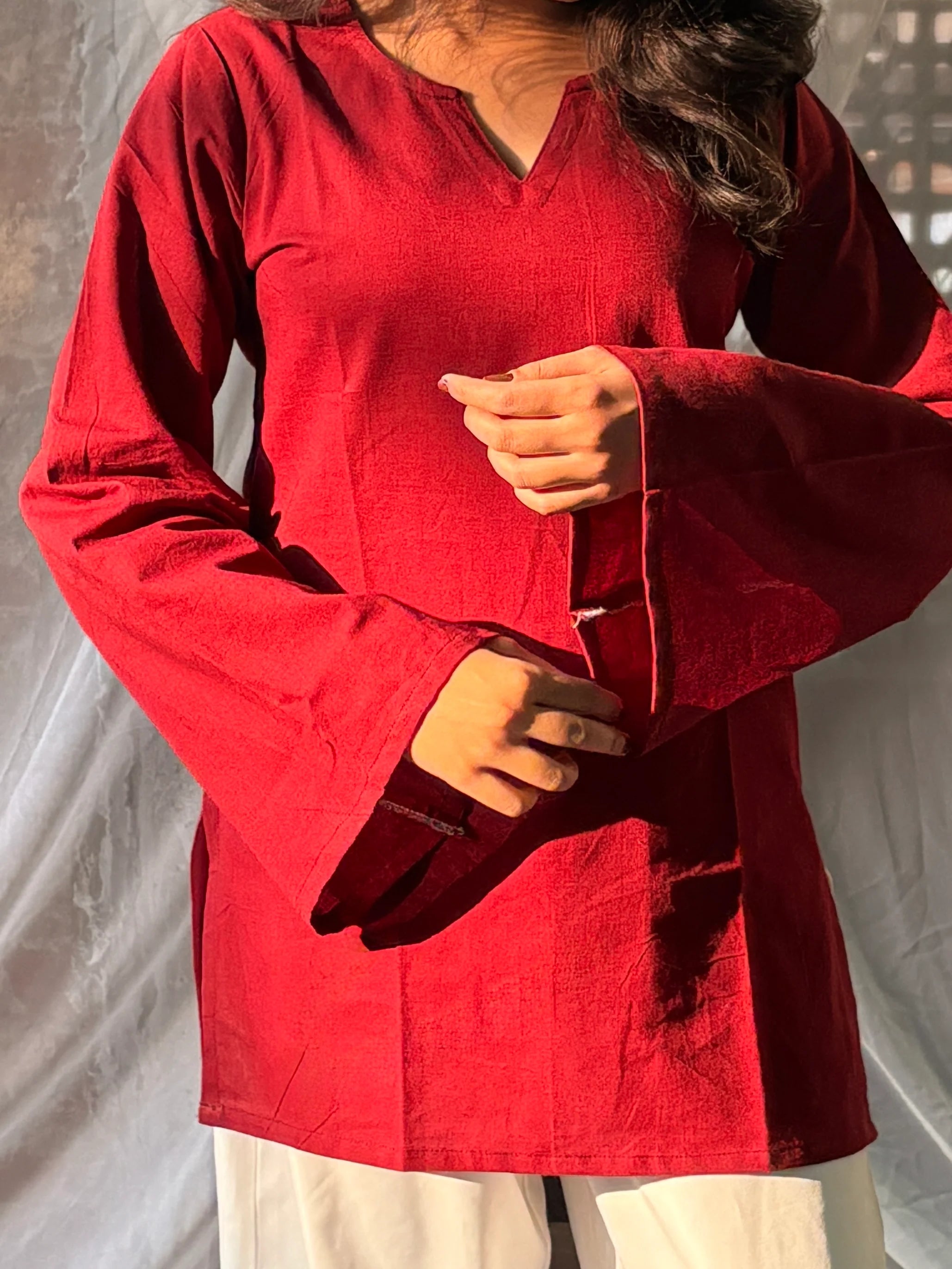 Women's Maroon Cotton Kurti | Solid Straight Fit Casual Top | Full Bell Sleeves | V-Notch Neck | Yousafzai