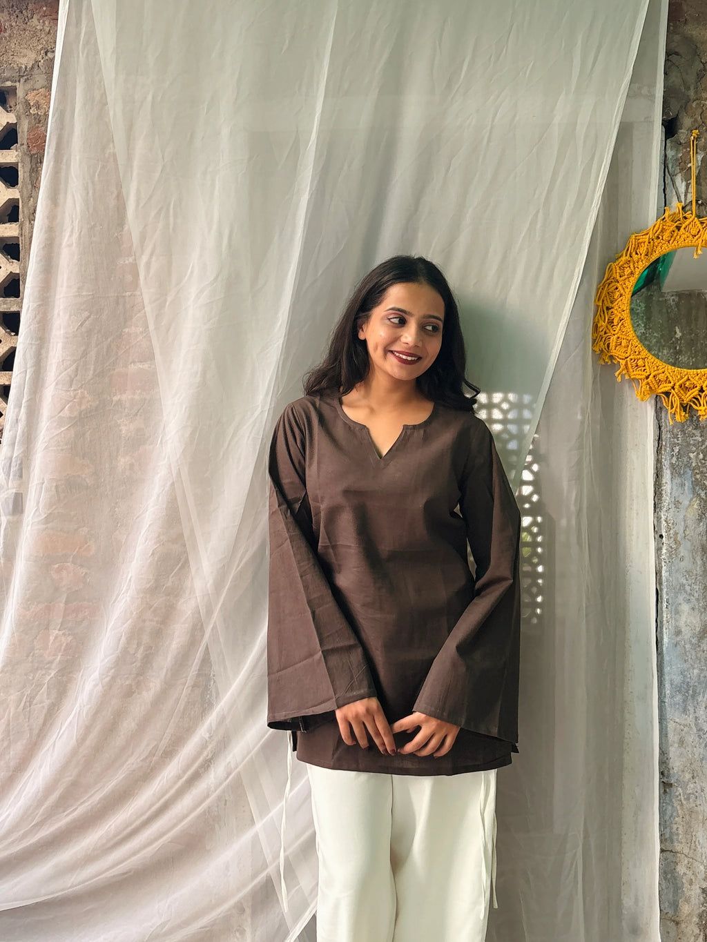 Women's Premium Brown Bell Sleeve Cotton Kurti Top | Minimalist Casual Tunic