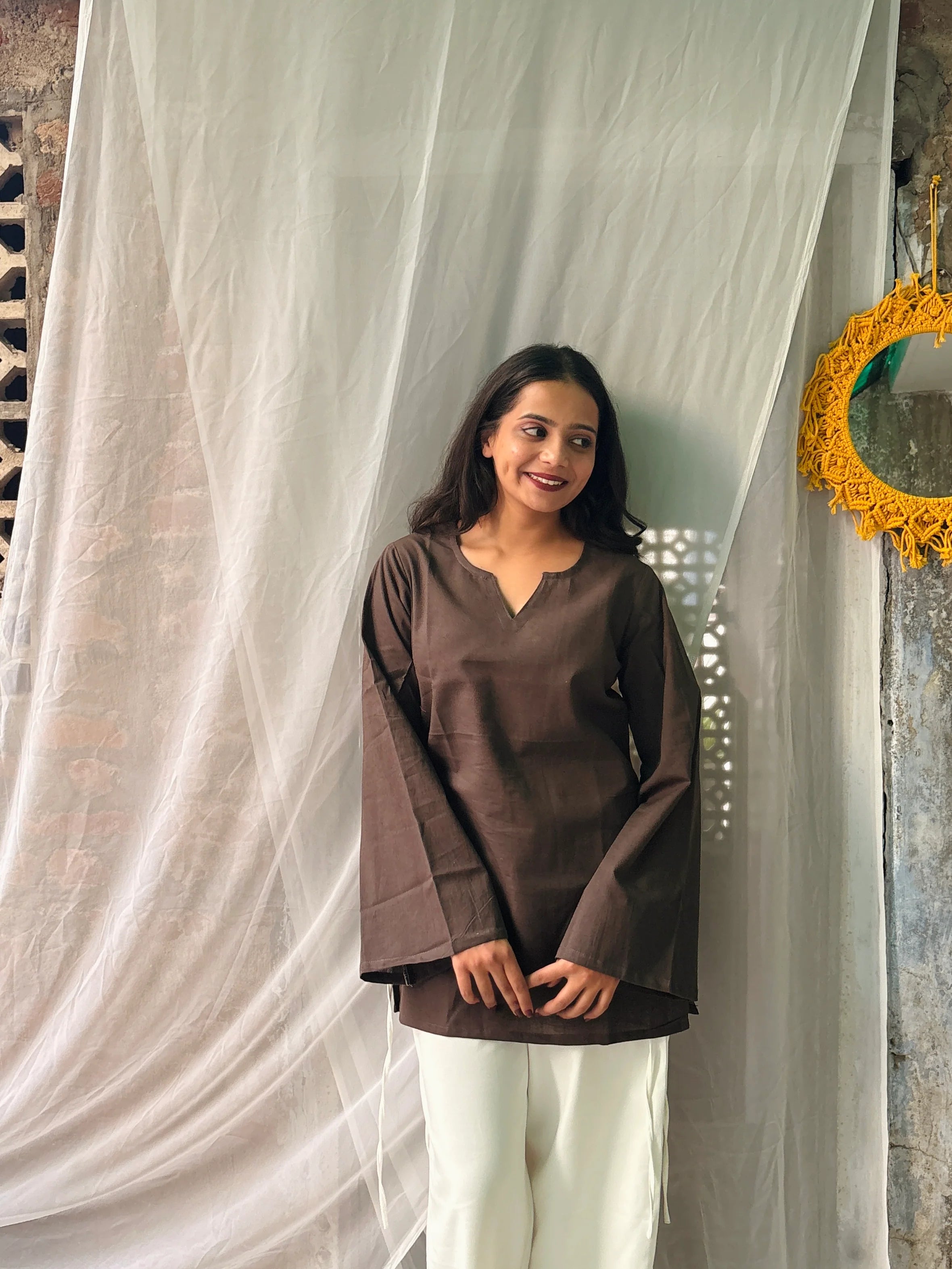Women's Premium Brown Bell Sleeve Cotton Kurti Top | Minimalist Casual Tunic