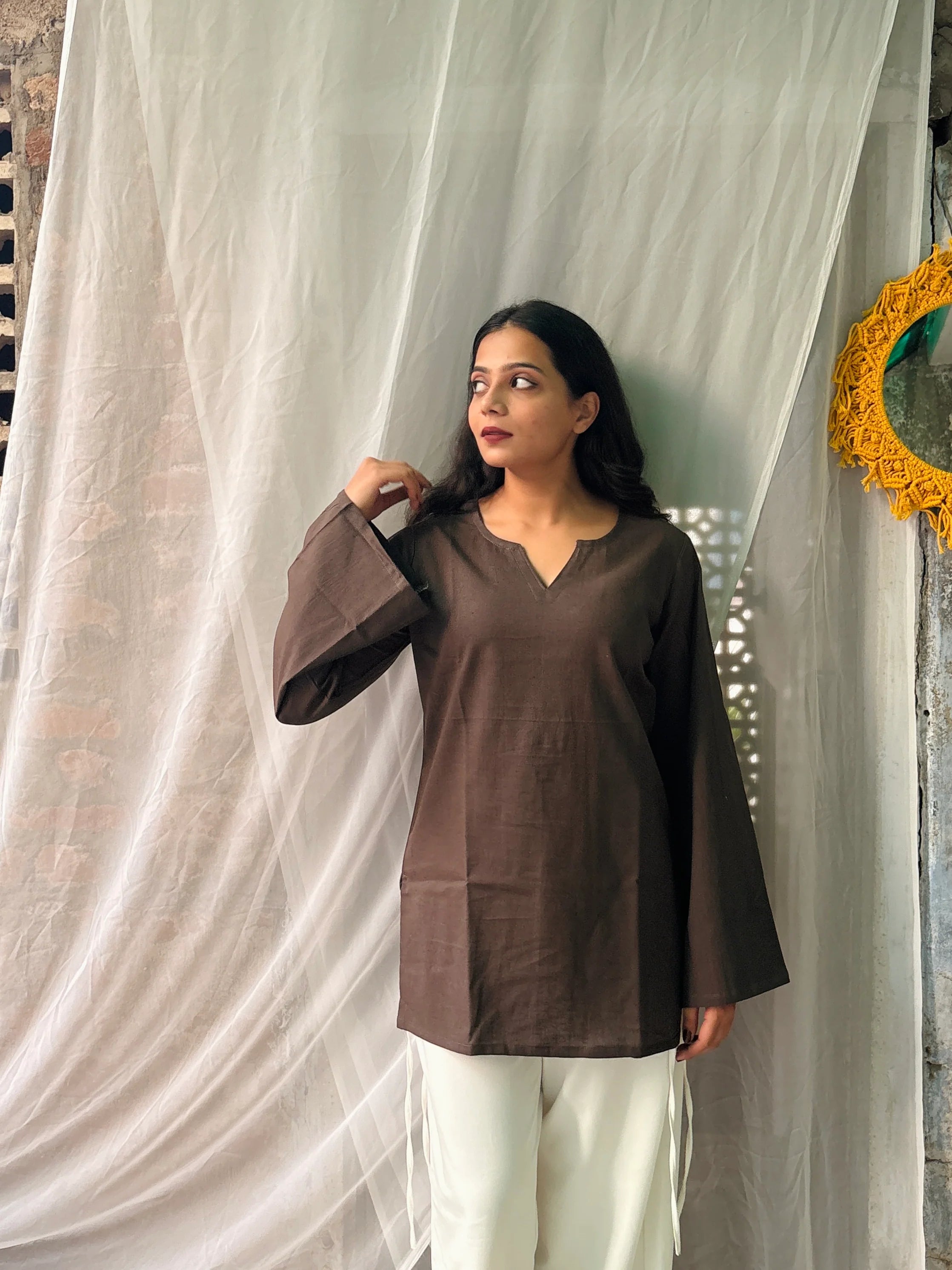 Women's Premium Brown Bell Sleeve Cotton Kurti Top | Minimalist Casual Tunic