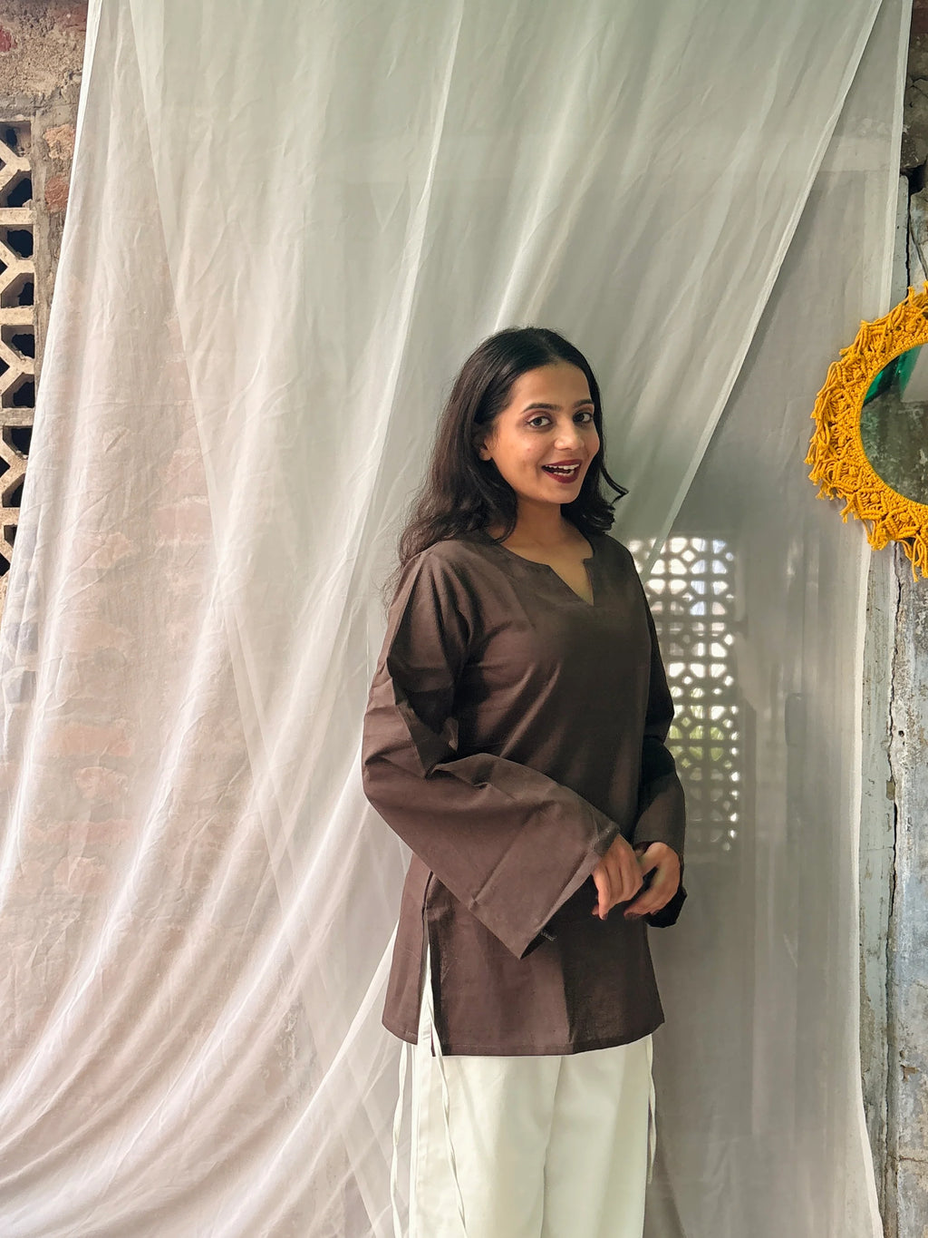 Women's Premium Brown Bell Sleeve Cotton Kurti Top | Minimalist Casual Tunic