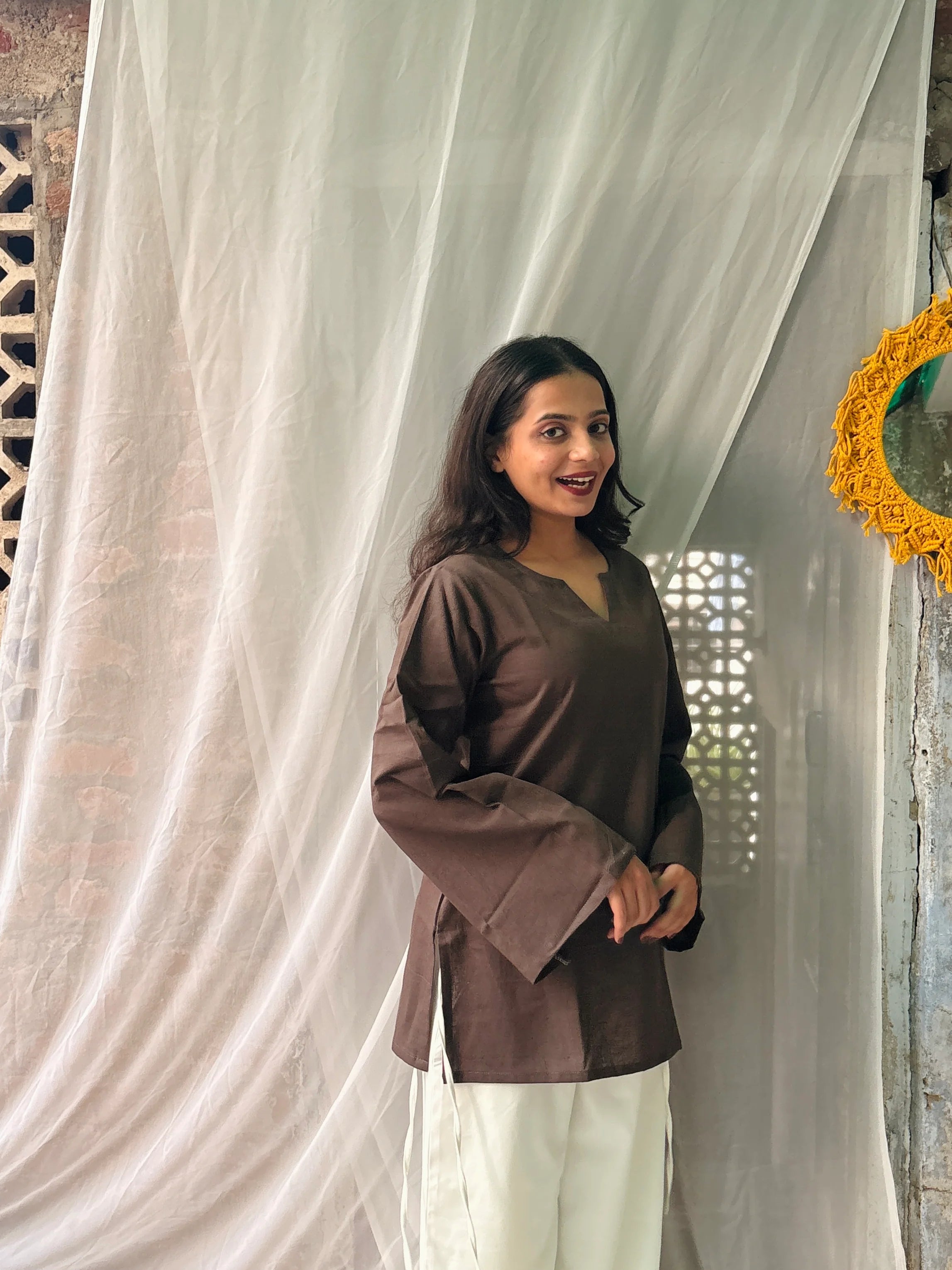 Women's Premium Brown Bell Sleeve Cotton Kurti Top | Minimalist Casual Tunic