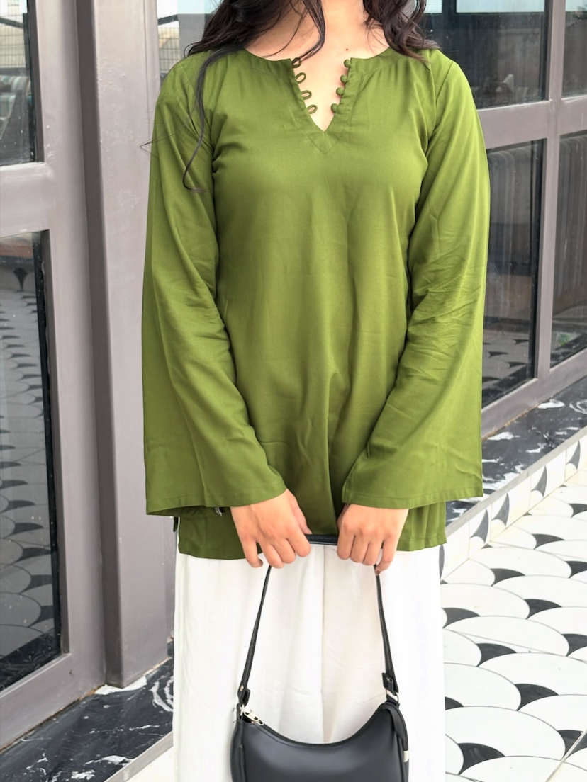 Olive Green Bell Sleeve Cotton Kurti for Women | Elegant Casual & Ethnic Wear