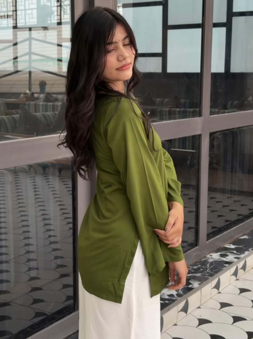 Olive Green Bell Sleeve Cotton Kurti for Women | Elegant Casual & Ethnic Wear