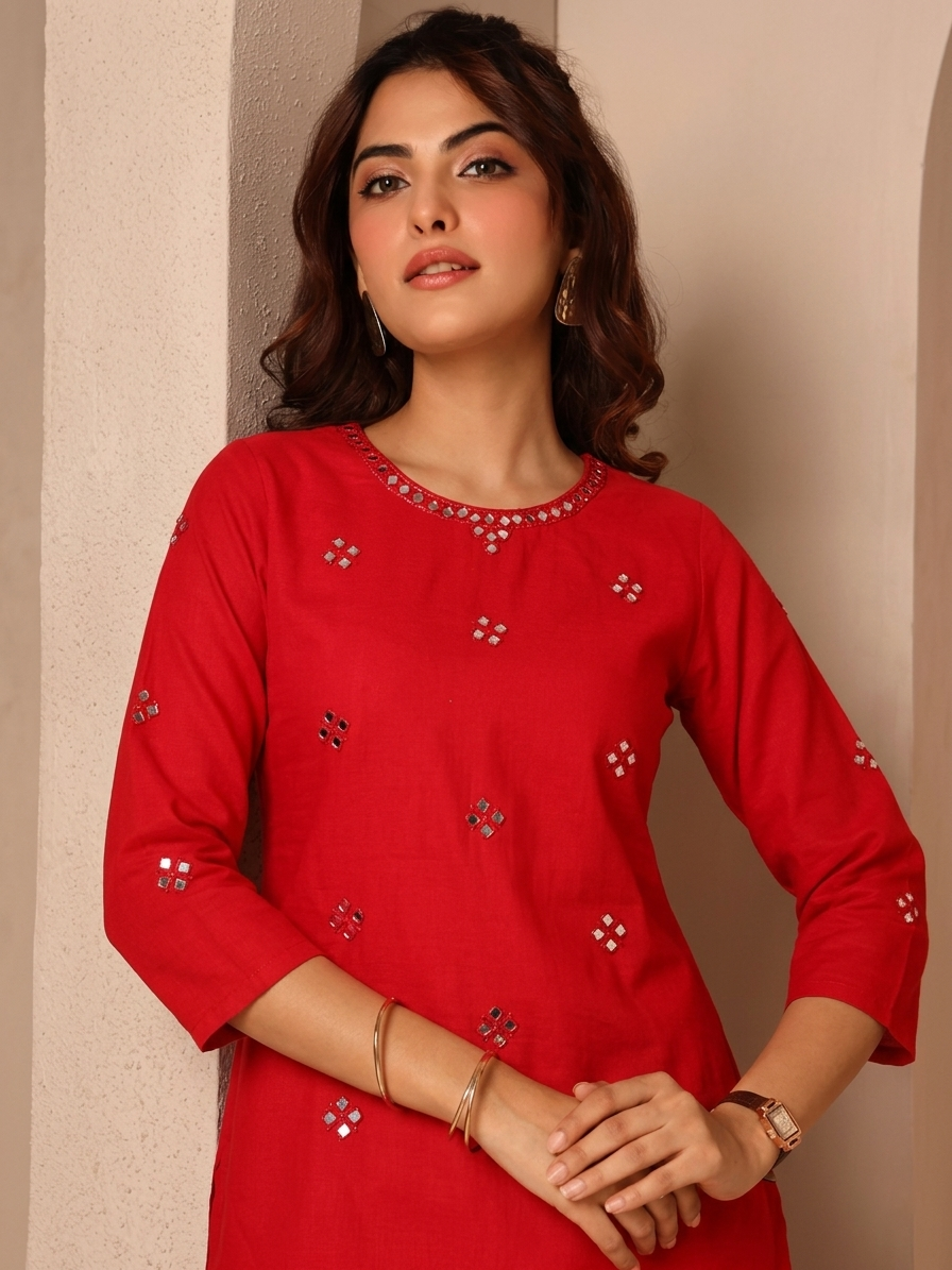 Red Cotton Mirror Work Short Kurti for Women | Ethnic Tunic with Embroidery