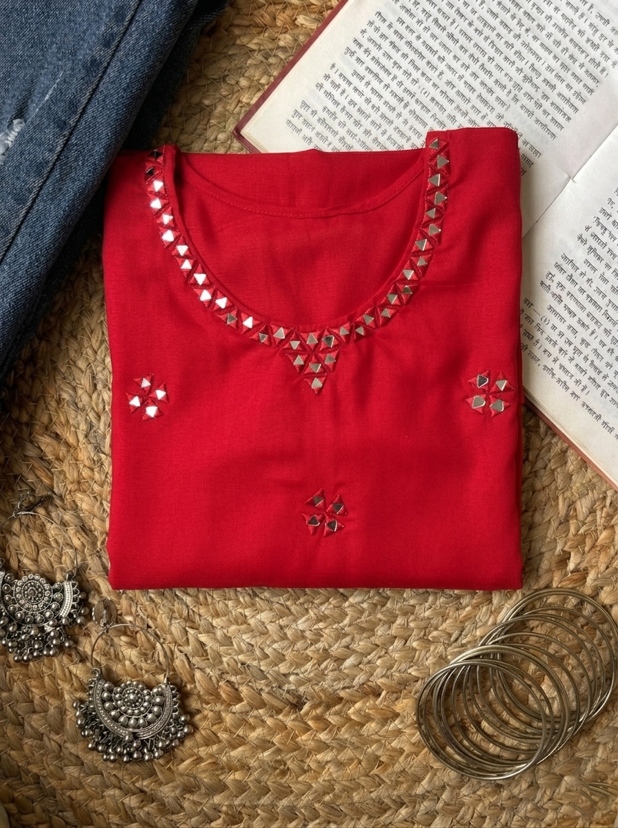 Red Cotton Mirror Work Short Kurti for Women | Ethnic Tunic with Embroidery