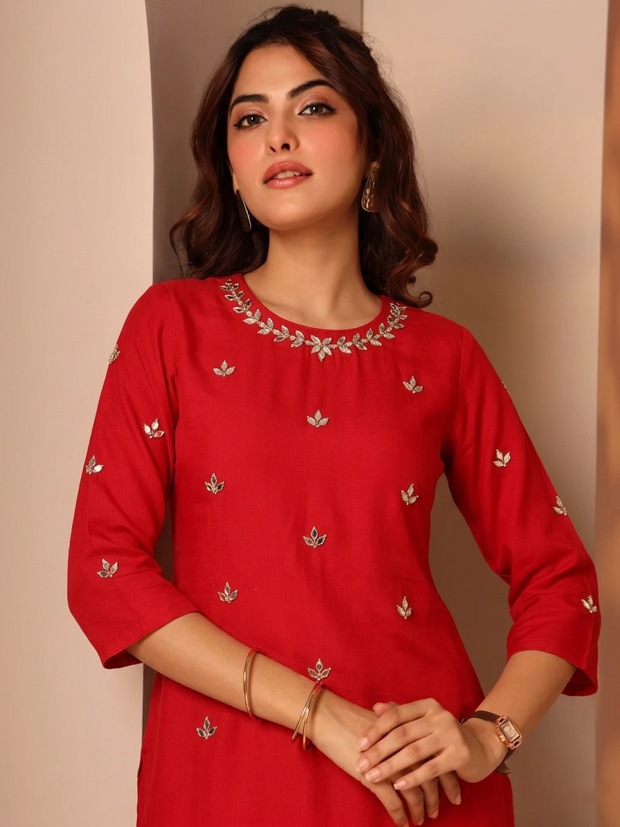 Red Hand-Embellished Mirror Work Kurti with Gota Leaf Neckline