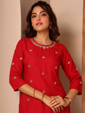 Red Hand-Embellished Mirror Work Kurti with Gota Leaf Neckline
