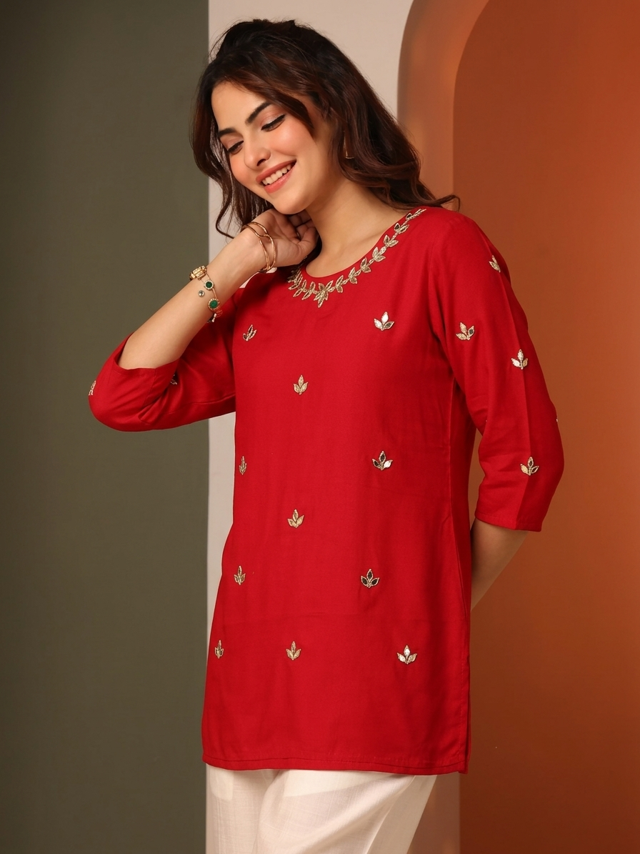 Red Hand-Embellished Mirror Work Kurti with Gota Leaf Neckline