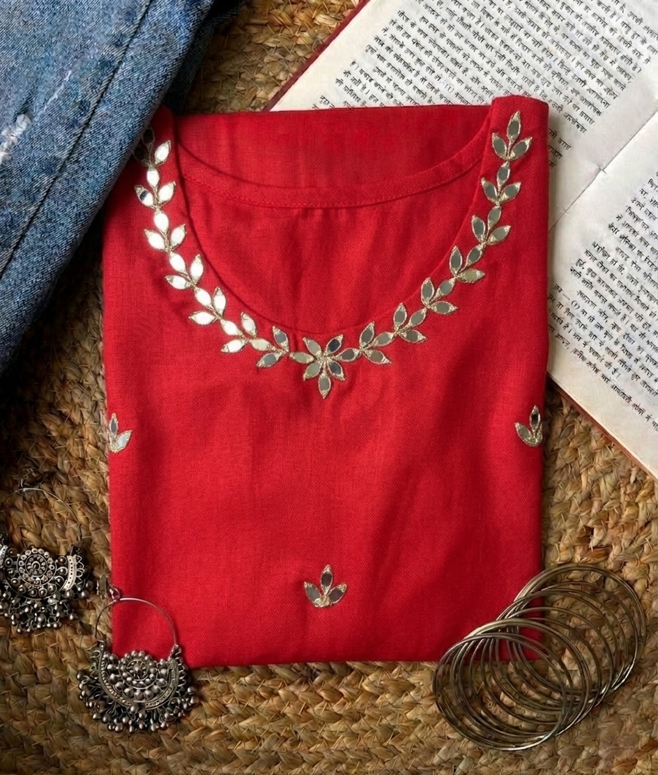 Red Hand-Embellished Mirror Work Kurti with Gota Leaf Neckline