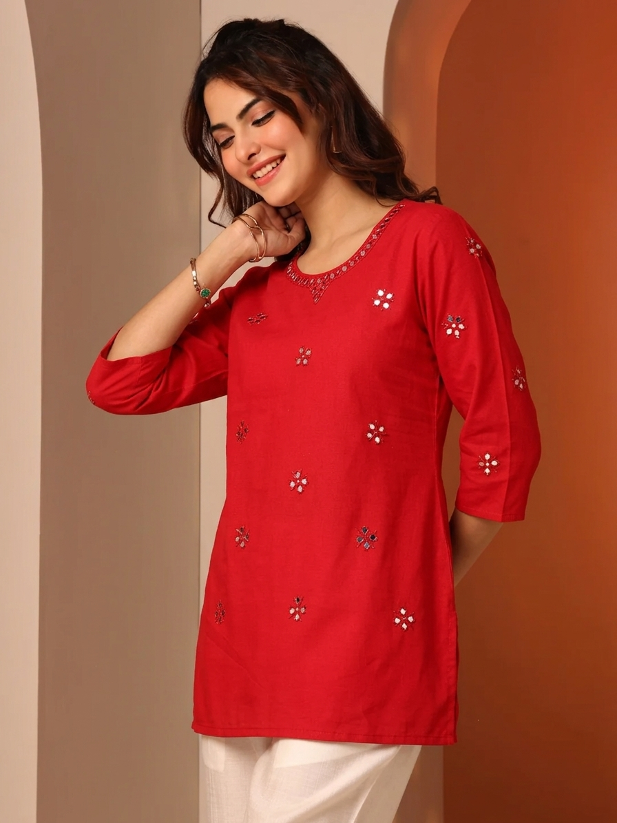 Red Cotton Mirror Work Short Kurti for Women | Ethnic Tunic with Embroidery