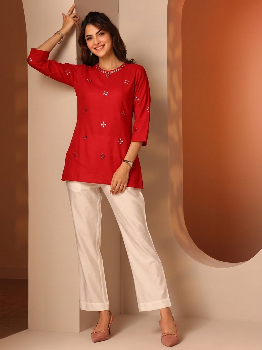 Red Cotton Mirror Work Short Kurti for Women | Ethnic Tunic with Embroidery